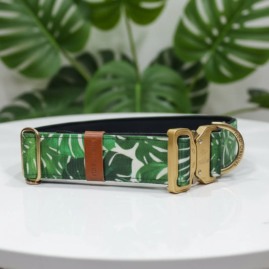 Monstera Leaf Dog Collar with Neoprene Padding & Tactical Buckle – Optional personalised Name