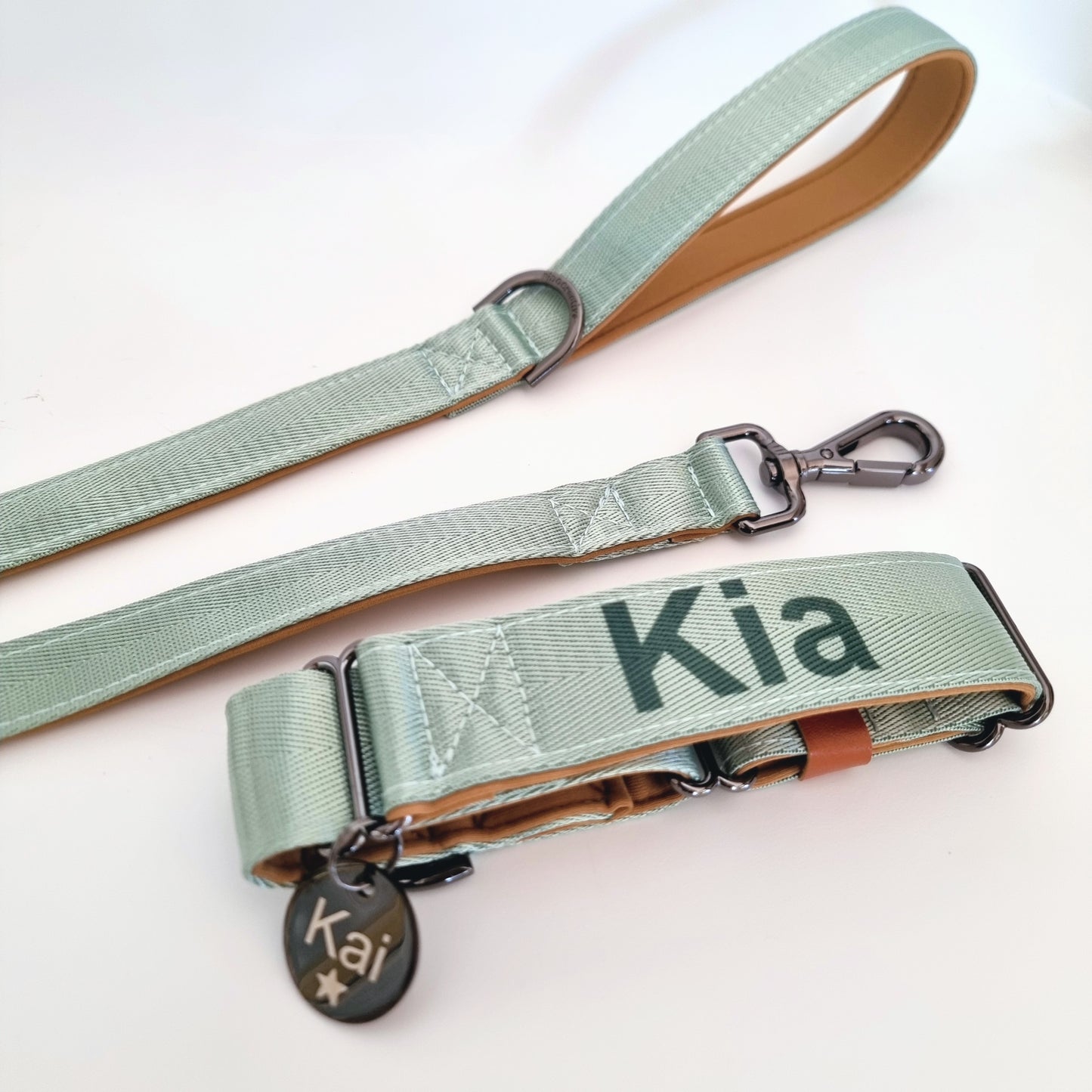 Green dog leash with name dog collar