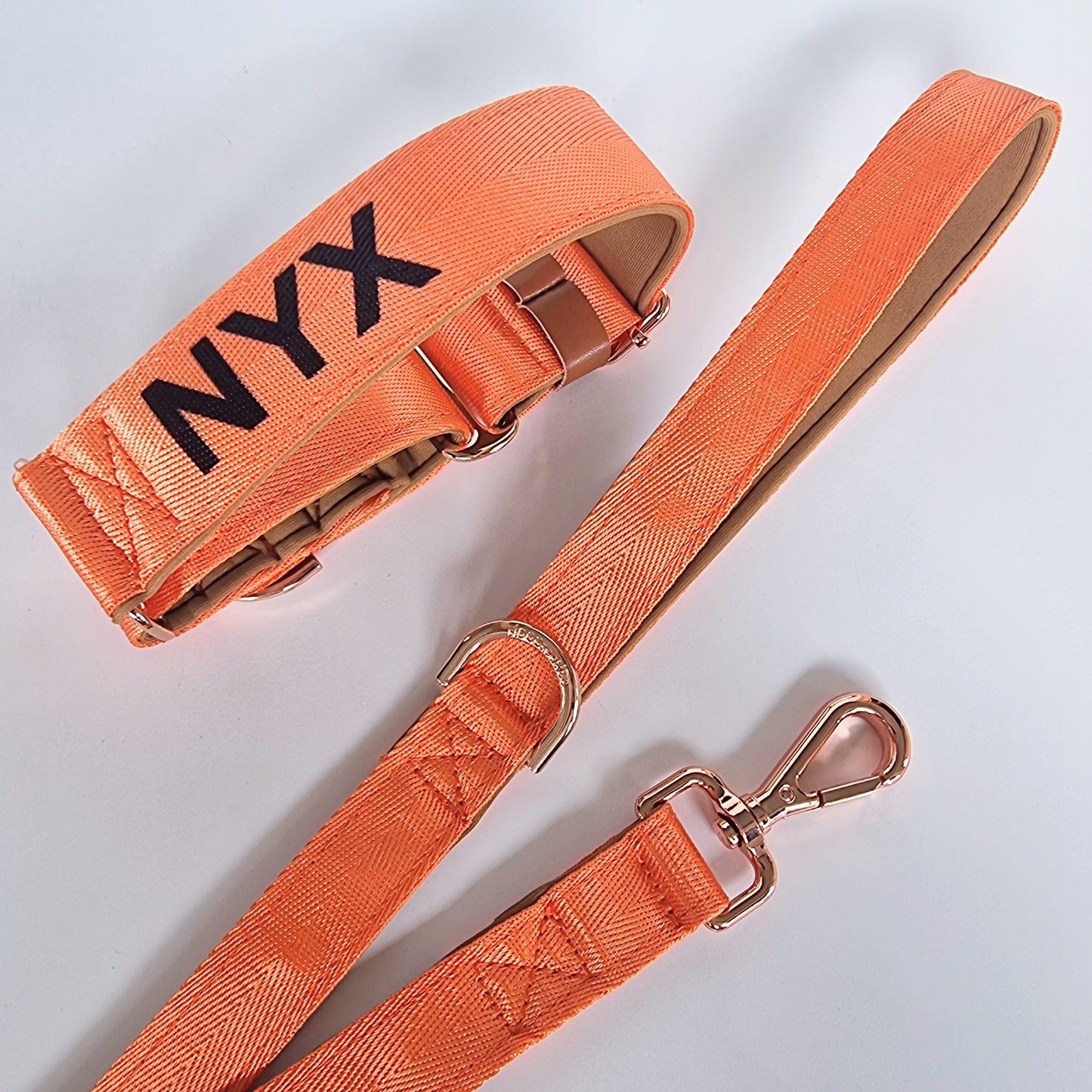 Orange dog collar and leash set with personalised name