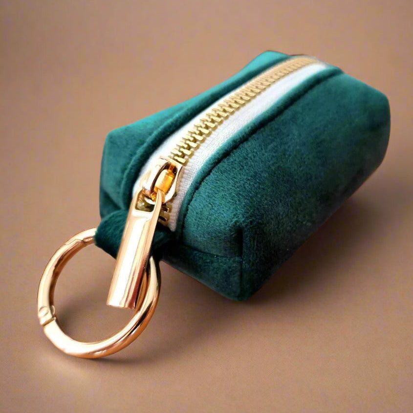 Forest green dog poop bag holder with gold hardware 