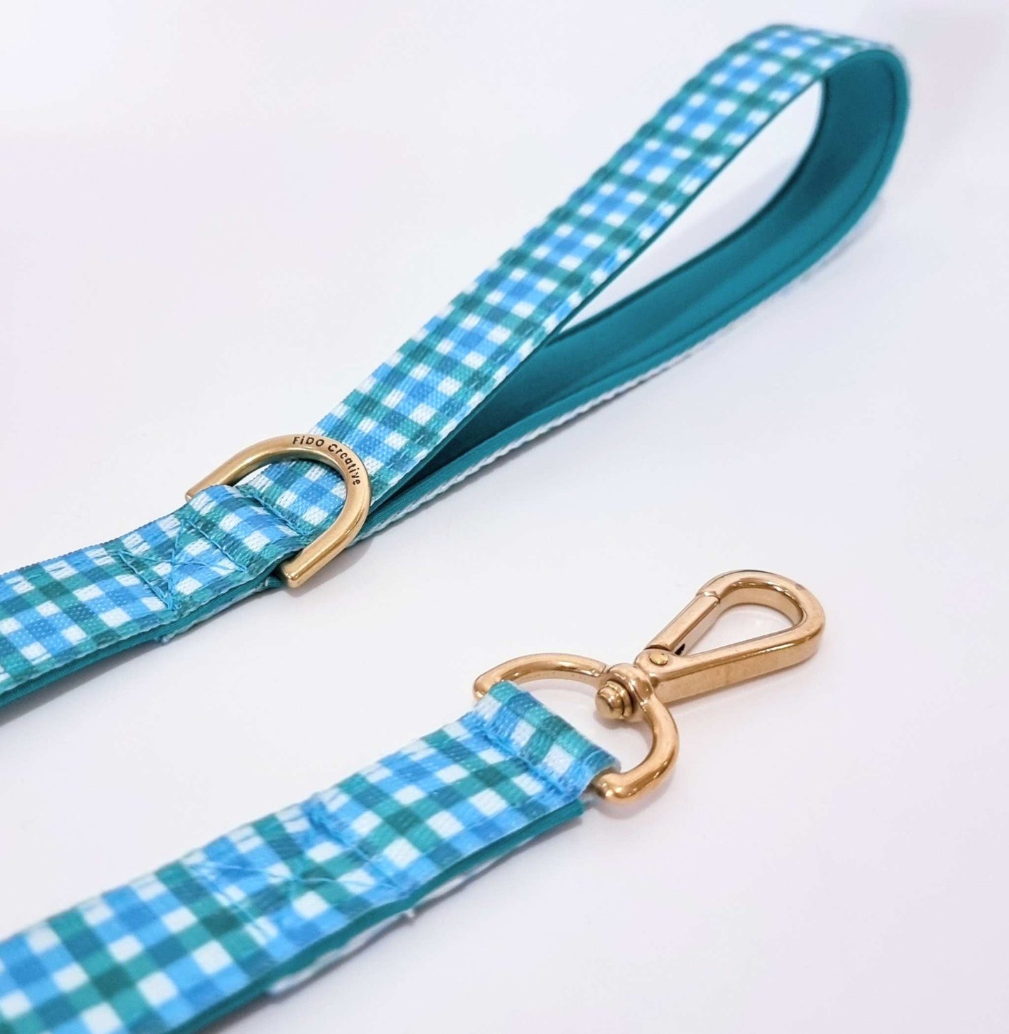 Dog Leash Blue Green Gingham - Neoprene Padded