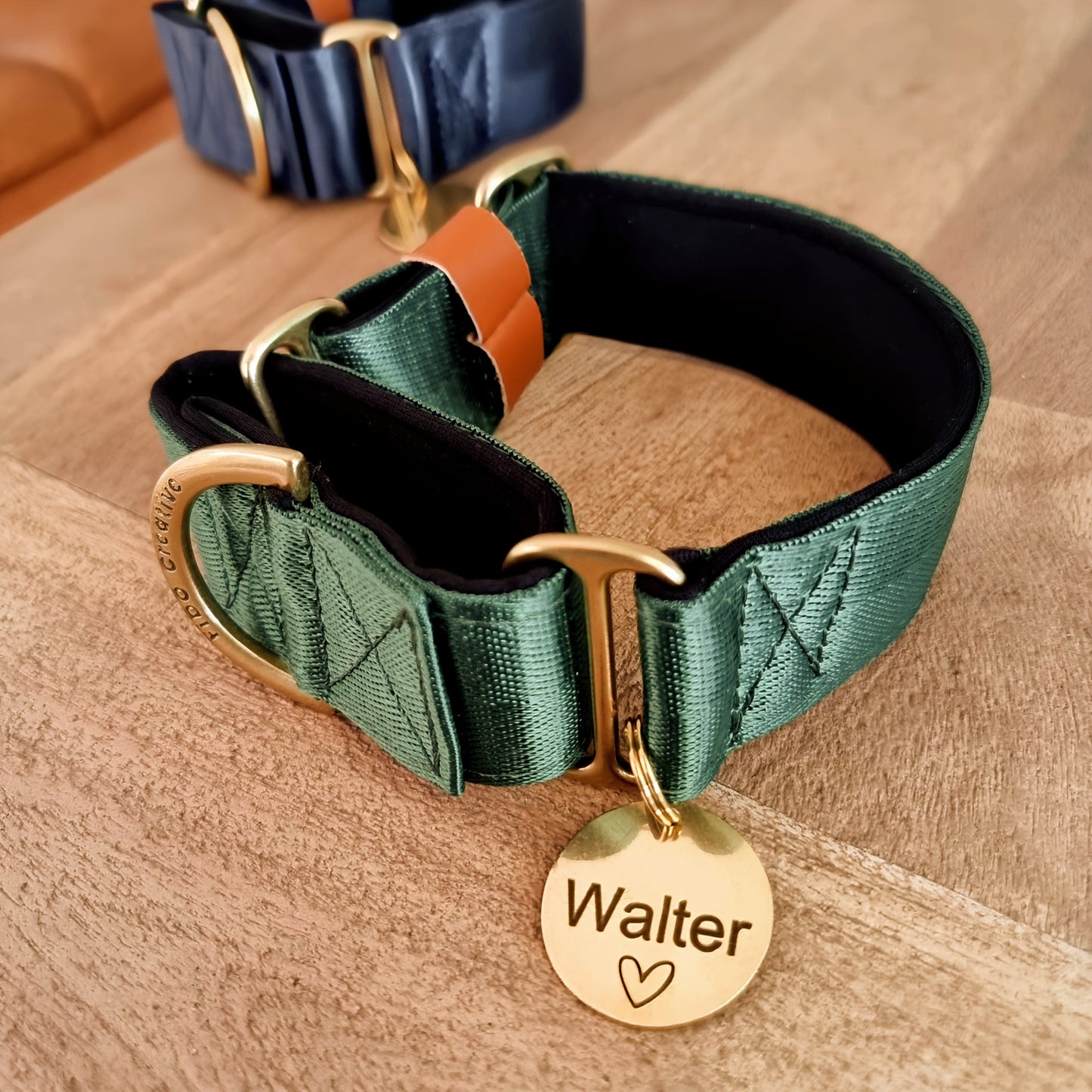 Green dog collar with gold pet ID name tag