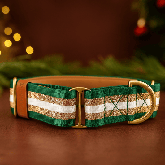 Green Festive Glitter Dog Collar – Personalised Christmas buckle or martingale collar (1.5" Wide)
