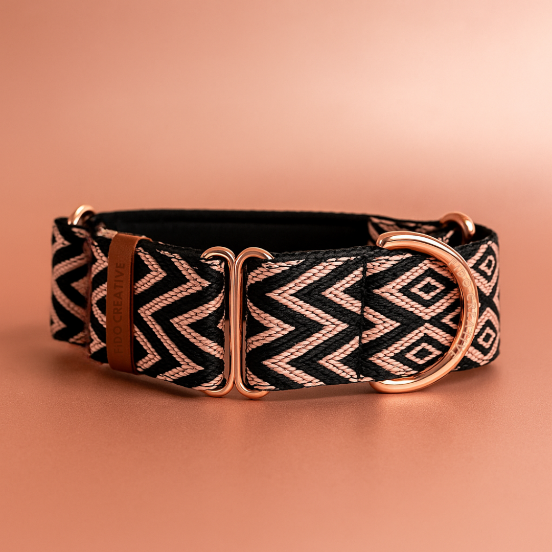 Luxury martingale dog collar black and rose gold
