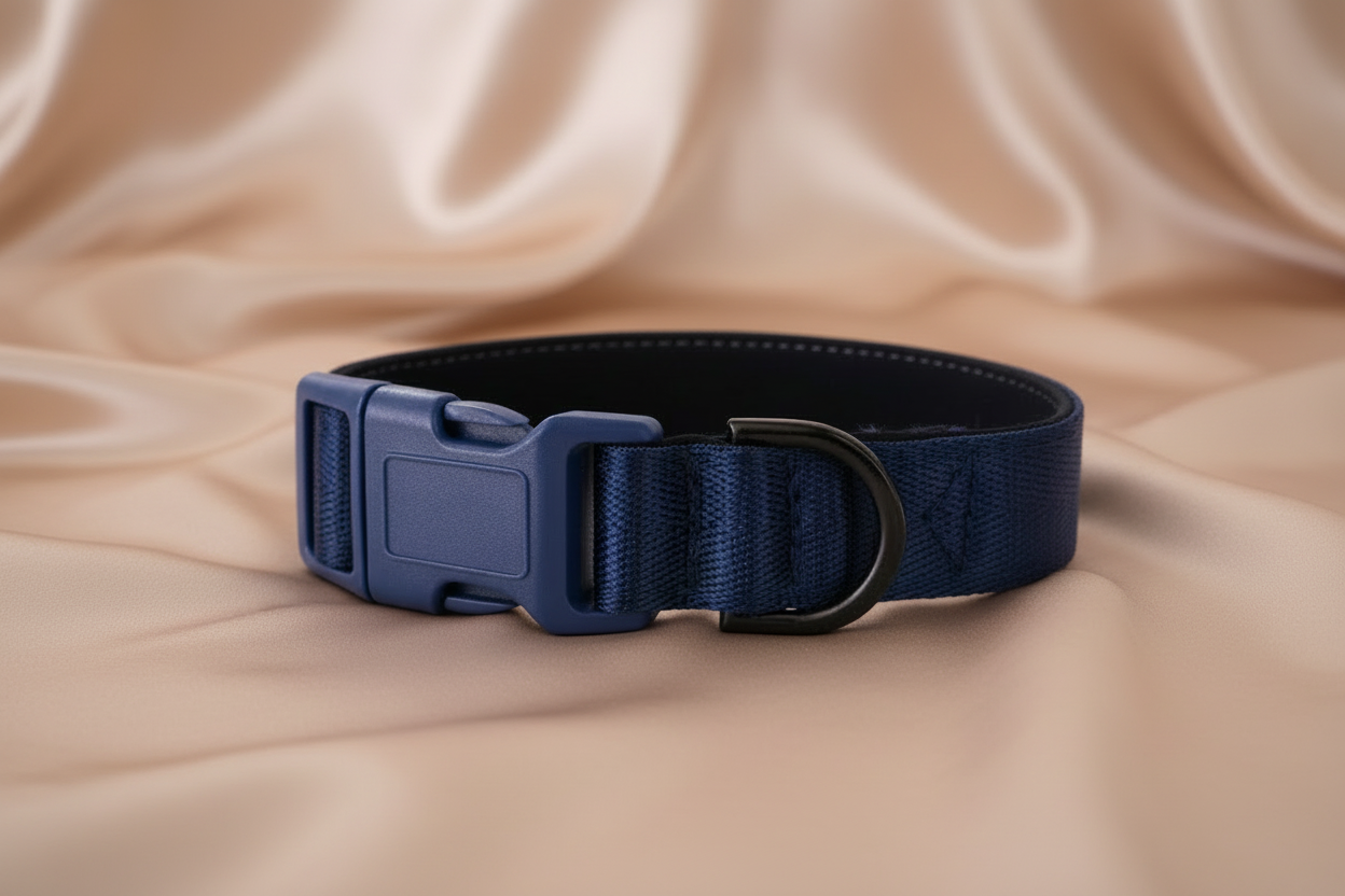 Navy blue dog collar with black hardware