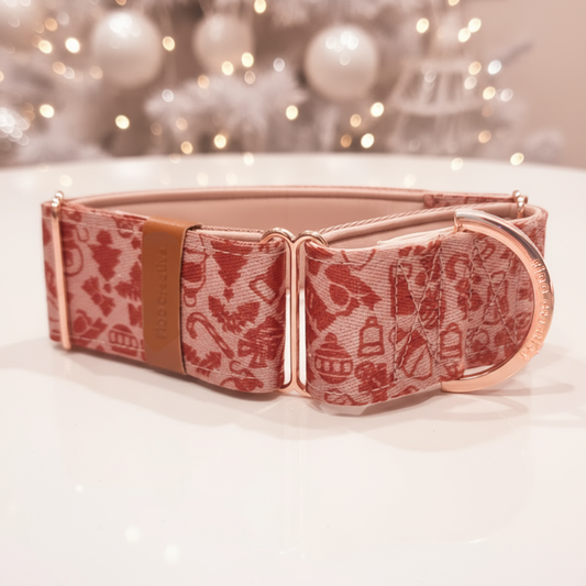 Pink and Red Geometric Christmas Martingale Dog Collar – Padded with rose gold hardware