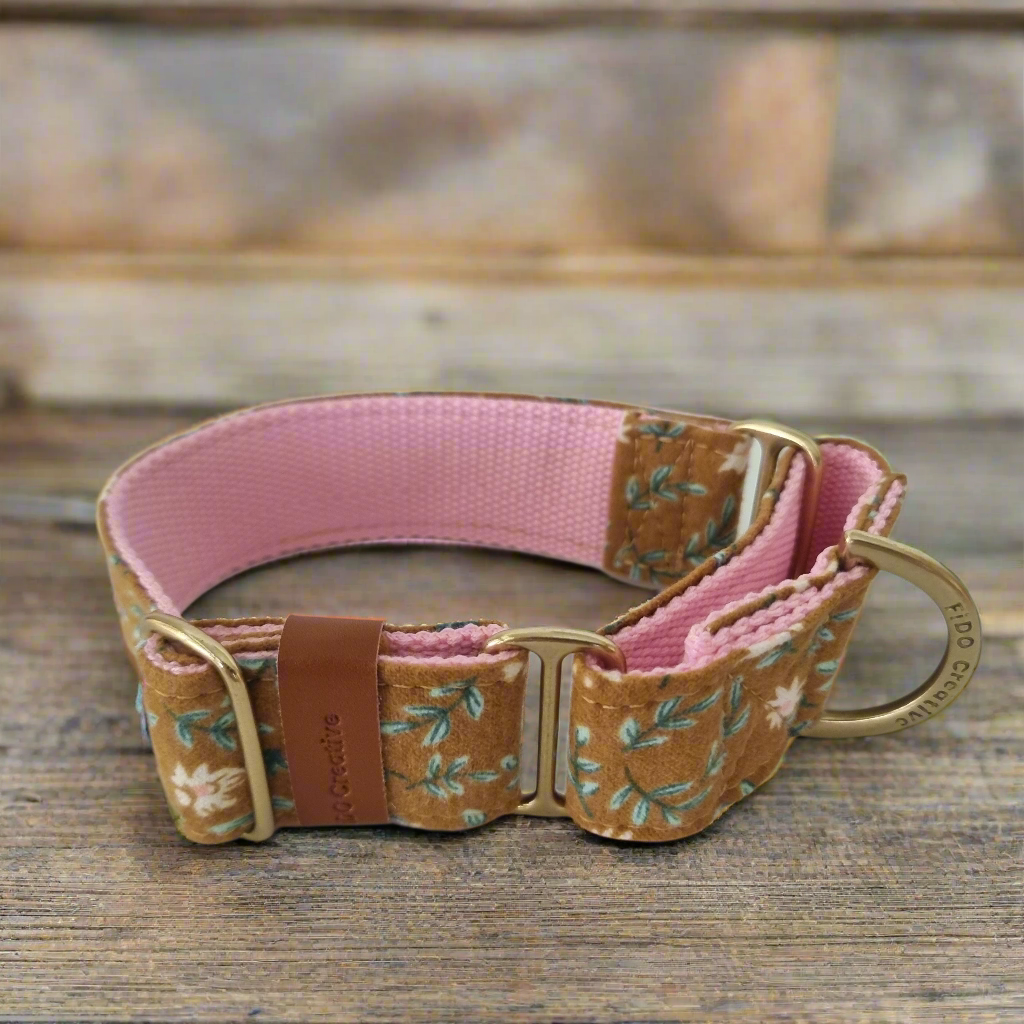 Brown and pink floral martingale dog collar 