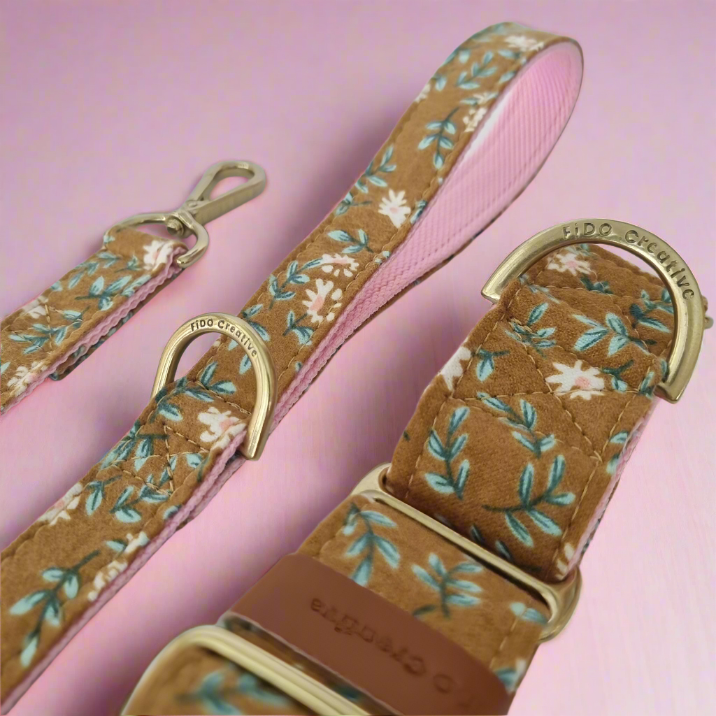 Mustard floral greyhound collar and leash set