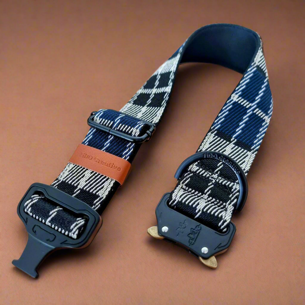 Blue plaid jacquard buckle dog collar - neoprene padded - 38mm