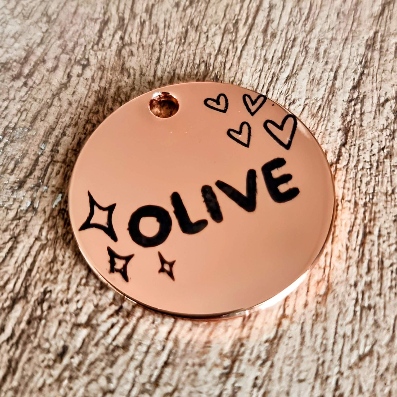 Dog tag with name, hearts and stars