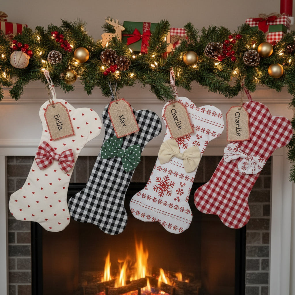 Decorative bone-shaped Christmas stockings for dogs hanging above a fireplace with a garland and lights.