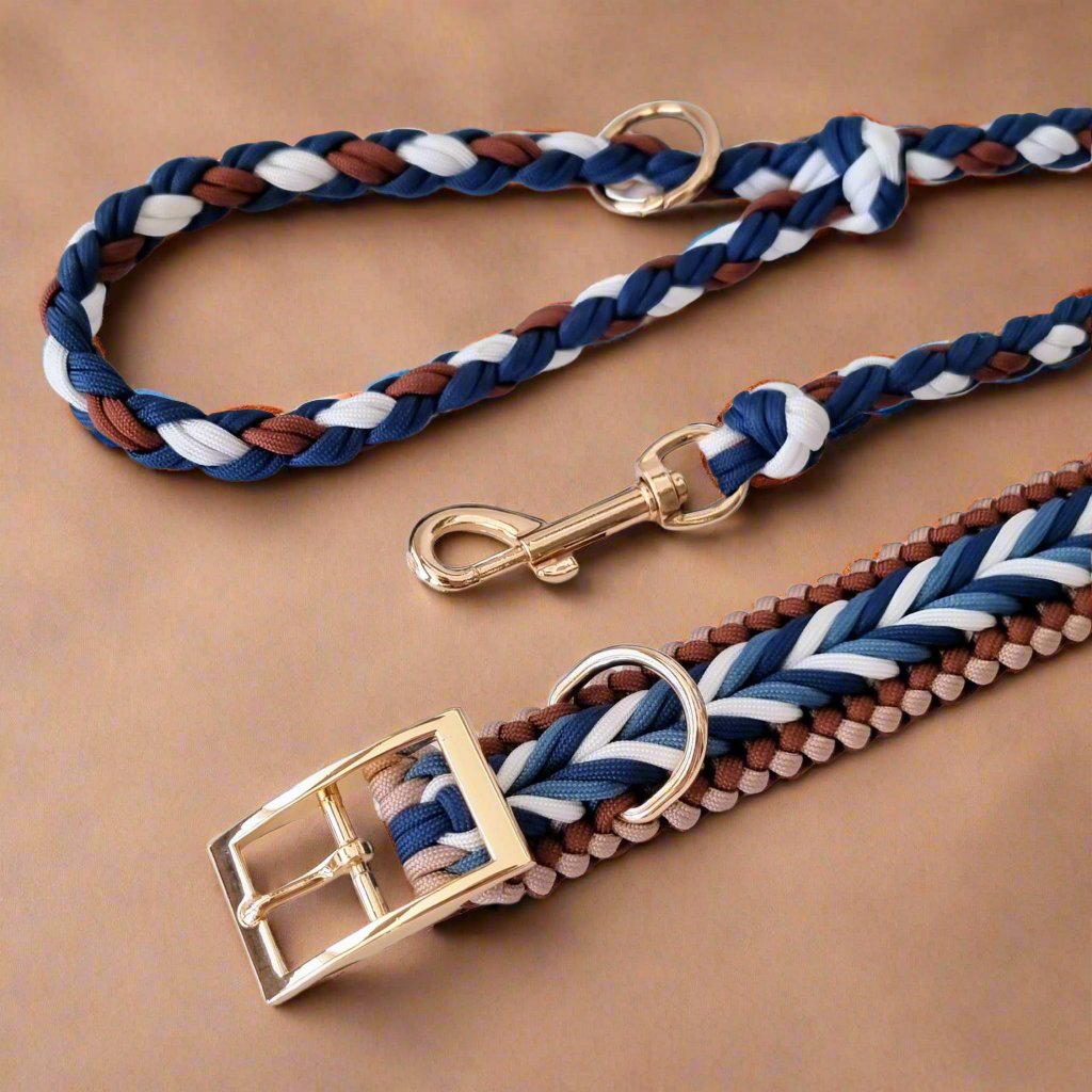 Blue paracord dog collar and leash set