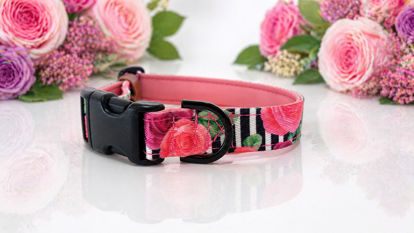 Floral-patterned dog collar with flowers in the background