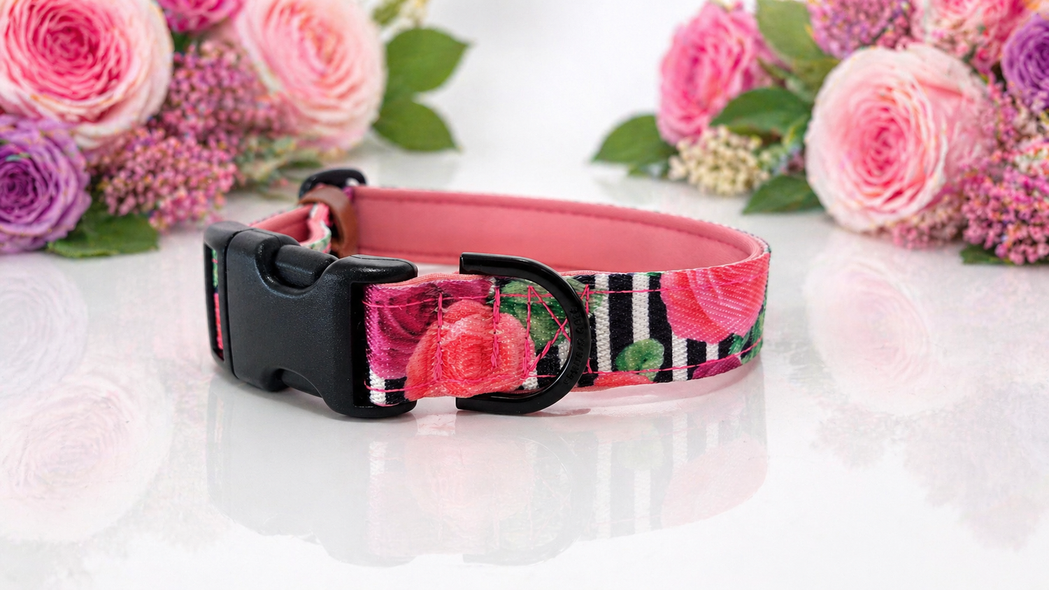 Floral-patterned dog collar with flowers in the background