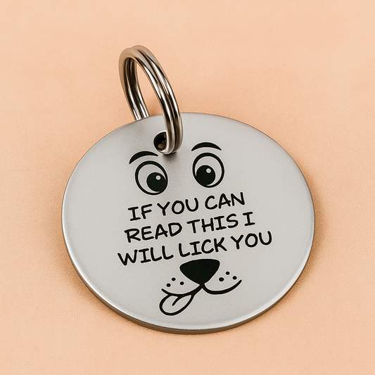 Metal dog tag with text 'If you can read this I will lick you' personalised tag