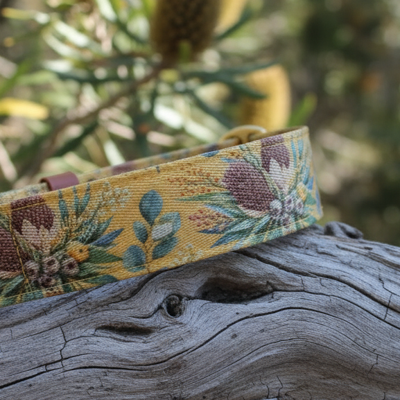 Floral-patterned martingale collar with austrlaian banksia pattern on a wooden log with blurred greenery in the background