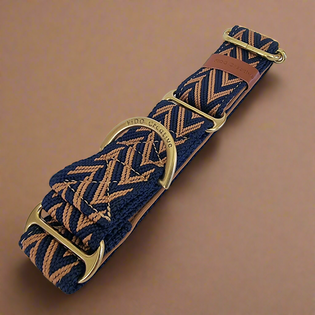 navy and brown martingale dog collar