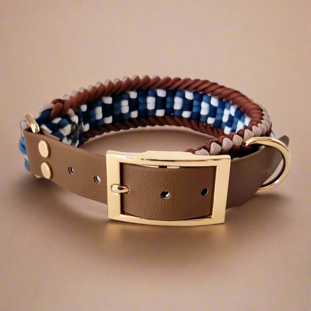 Brown and blue wide dog collar 