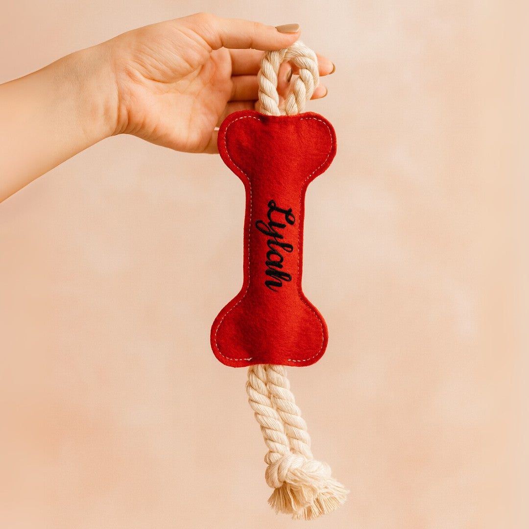Personalised dog toy bone with rope