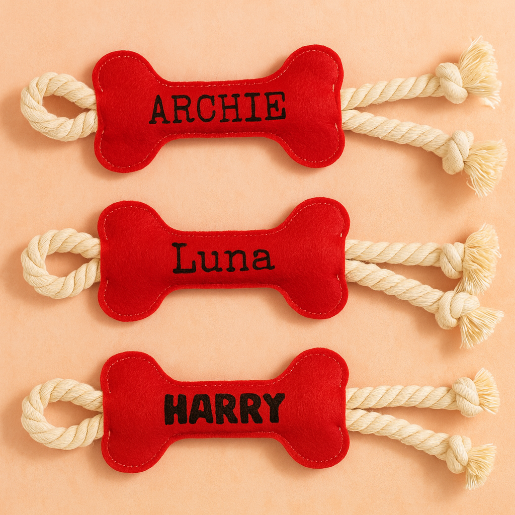 Personalised Felt Dog Toy | Red Bone Tug Rope Toy for Dogs | Custom Dog Gift