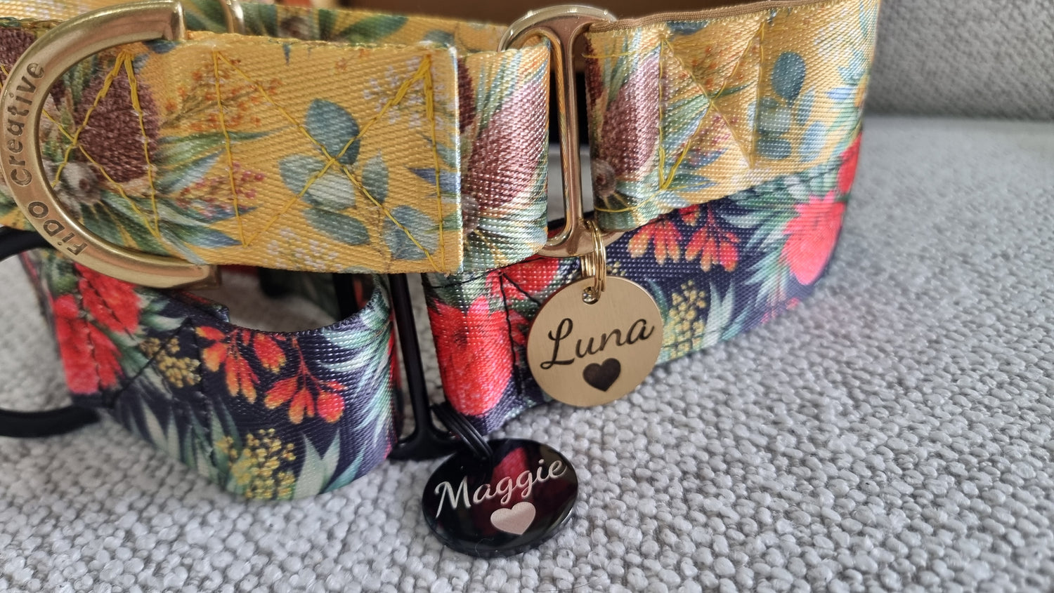 Floral-patterned dog collar with two dog name identification tags