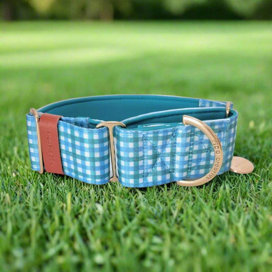 Blue gingham martingale dog collar 