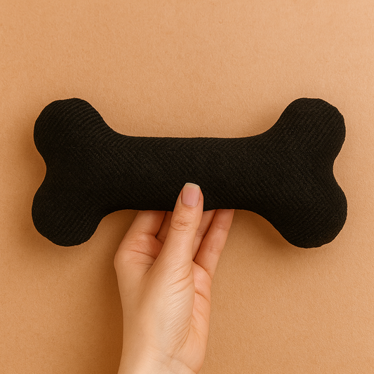 Black plush dog toy bone