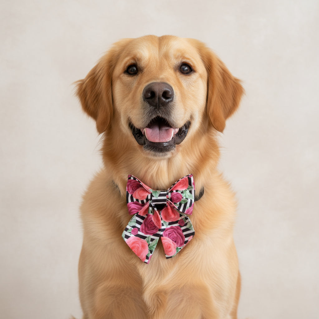 Rose Stripe Dog Bow Tie with luxury tails