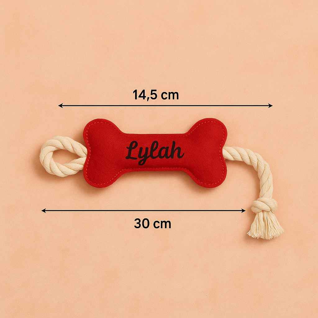 Personalised Felt Dog Toy | Red Bone Tug Rope Toy for Dogs | Custom Dog Gift