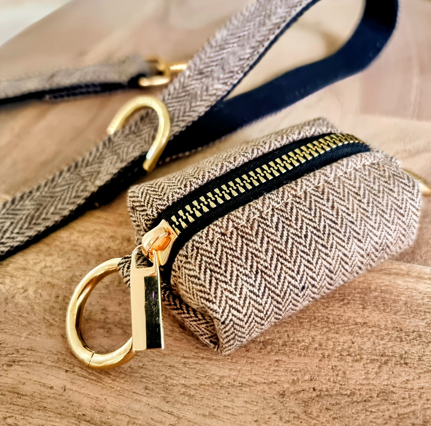 Tweed dog waste bag holder with clips