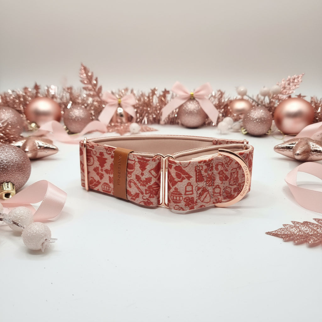 Pink and Red Geometric Christmas Martingale Dog Collar – Padded with rose gold hardware