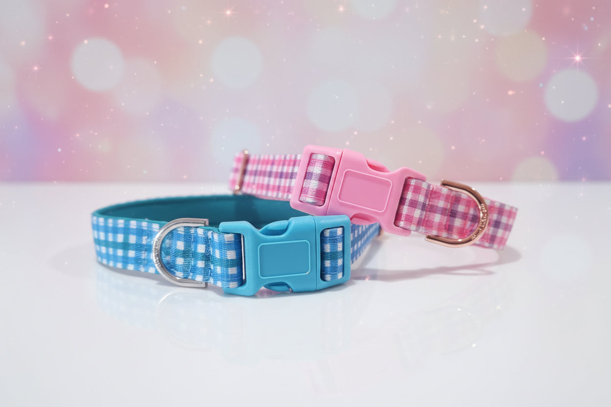 Blue and teal Gingham Dog Collar – Choose your buckle style