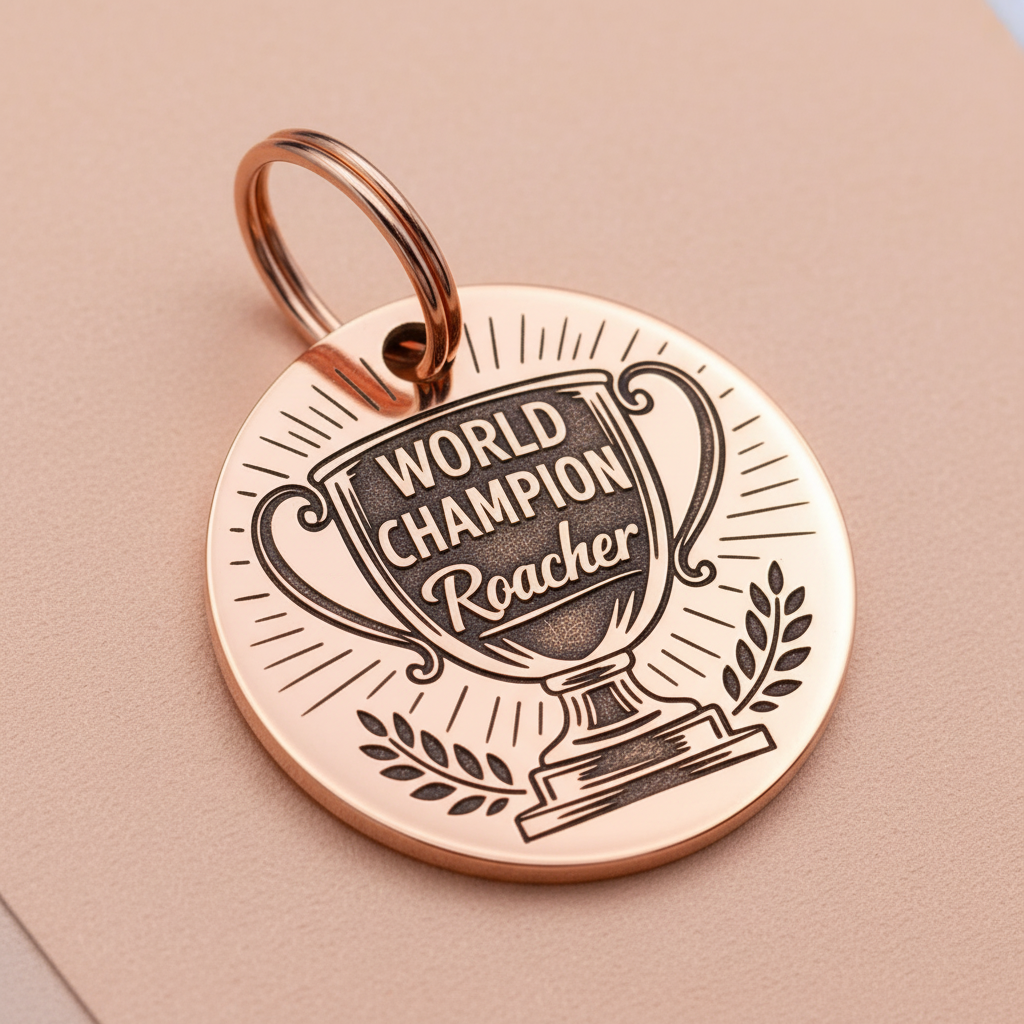 Bronze-colored pet tag with 'World Champion Roacher' engraving on it