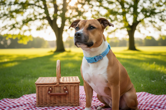 staffy wearing a blue checkered dog collar